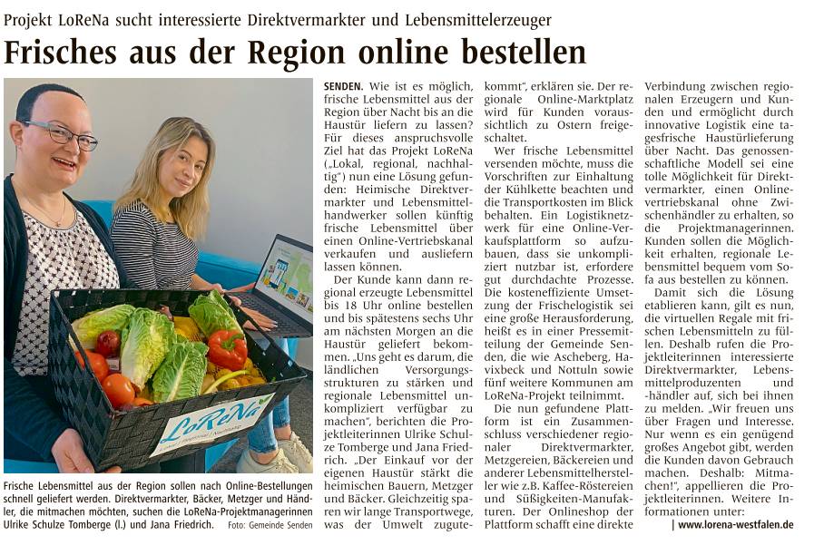 LoReNa Presseartikel, erschienen am 03.01.2023 im Sendener Teil der Westfälischen Nachrichten. Bild zeigt die Projektmanagerinnen Ulrike Schulze Tomberge & Jana Friedrich